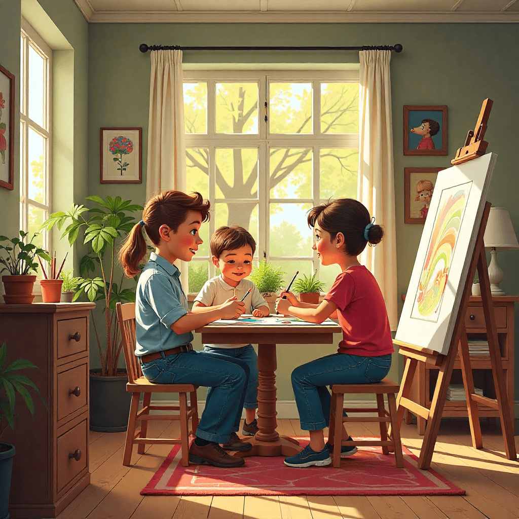 Art studio interior with easels and brushes